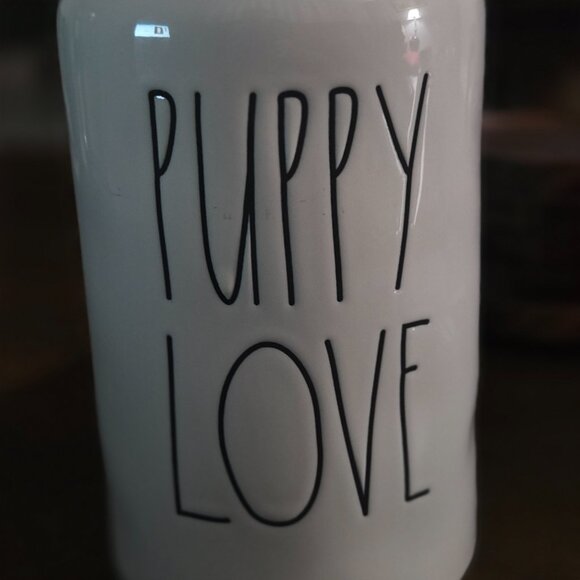 Rae Dunn Puppy Love white ceramic treat canister with lid, black lettering NWOT - Picture 2 of 10